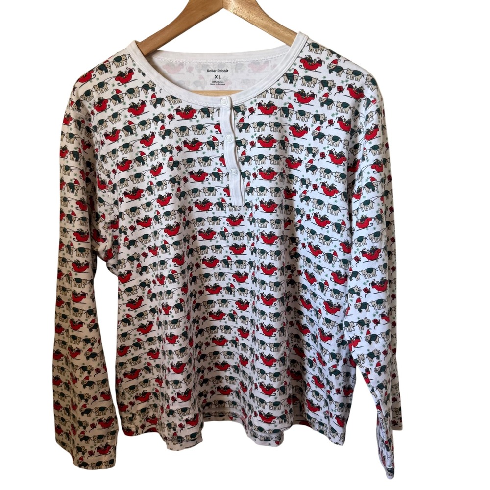 Roller Rabbit Henley Pajama Top Women XL White Christmas Elephant Excellent